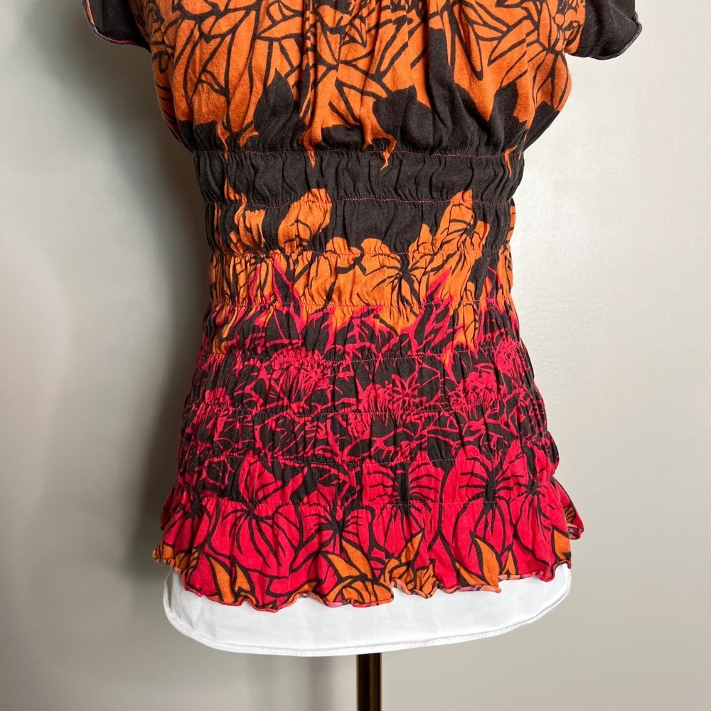 DKNY Jeans Womens Floral Smocked Babydoll Top Orange Pink V-Neck Blouse Size M - Picture 4 of 7